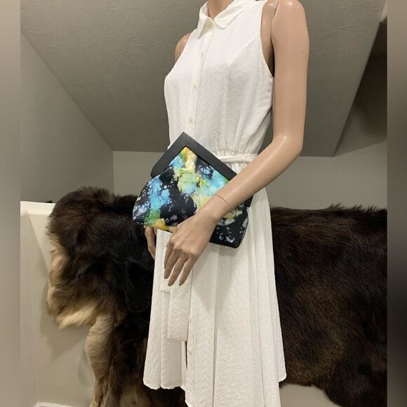 Handmade Genuine Premium Leather Tie-dye Printed Wooden Frame Bag with 2 Chains - Picture 3 of 16